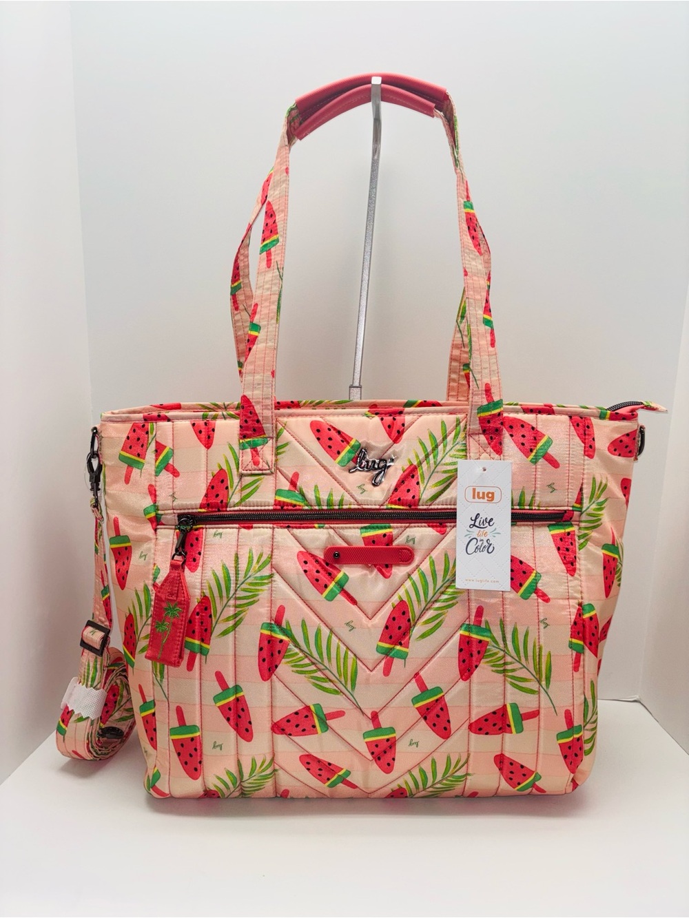 NWT Lug PADDLE in POPSICLE PINK Watermelon Print Quilted Tote w/OVERSIZED PULLER